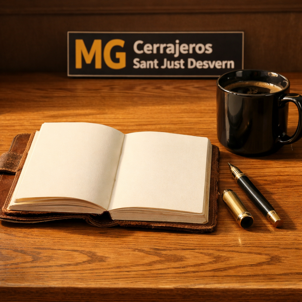 Diario de cuero abierto, pluma de bronce y taza de cerámica en un escritorio de roble, iluminado por luz cálida. Que empresas ofrecen el mejor servicio de cambio de cerraduras en Sant Just Desvern.