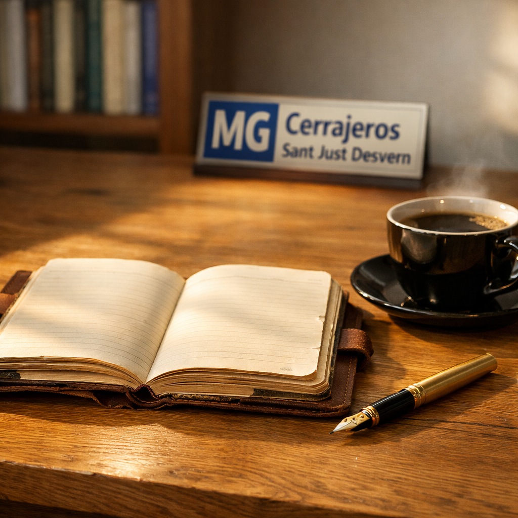 Un diario de cuero abierto, una pluma de latón y una taza de café en un escritorio iluminado, con estantería difusa atrás. Donde puedo encontrar un servicio confiable de cerrajeria para cambiar cerraduras.