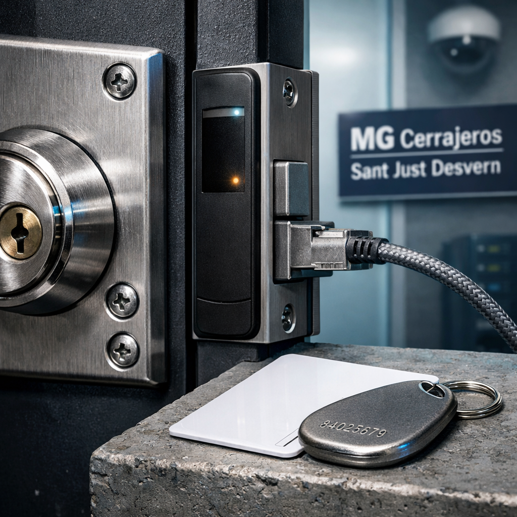 Estudio fotográfico de una cerradura de alta seguridad en una puerta de oficina; tendencias actuales en cerraduras de alta seguridad para negocios.