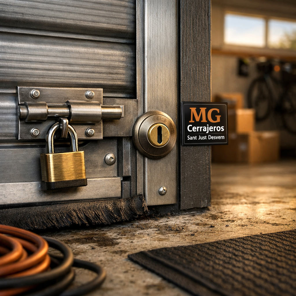 Primer plano de cerraduras en una puerta de garaje; se recomiendan varios tipos de cerraduras para seguridad.