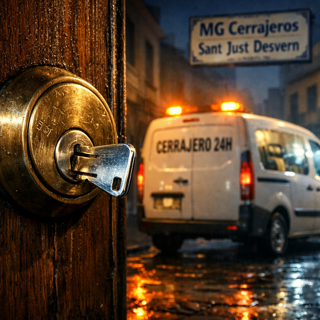 Cerradura de bronce en puerta de roble, furgoneta de cerrajería y calle de Sant Just Desvern; servicio urgente disponible.