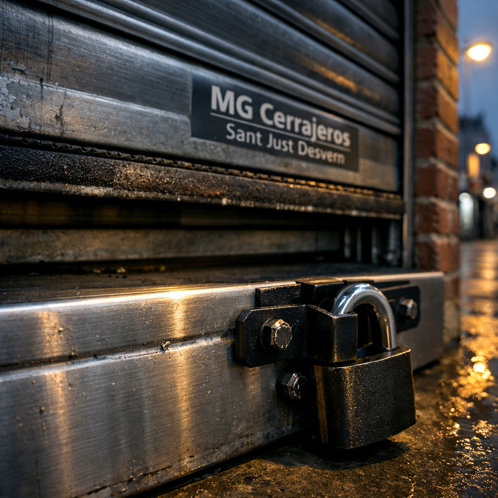 Fotografía de una persiana metálica parcialmente bajada en un local comercial, mostrando detalles de seguridad y textura. Cuales son las persianas metalicas mas seguras para locales comerciales.