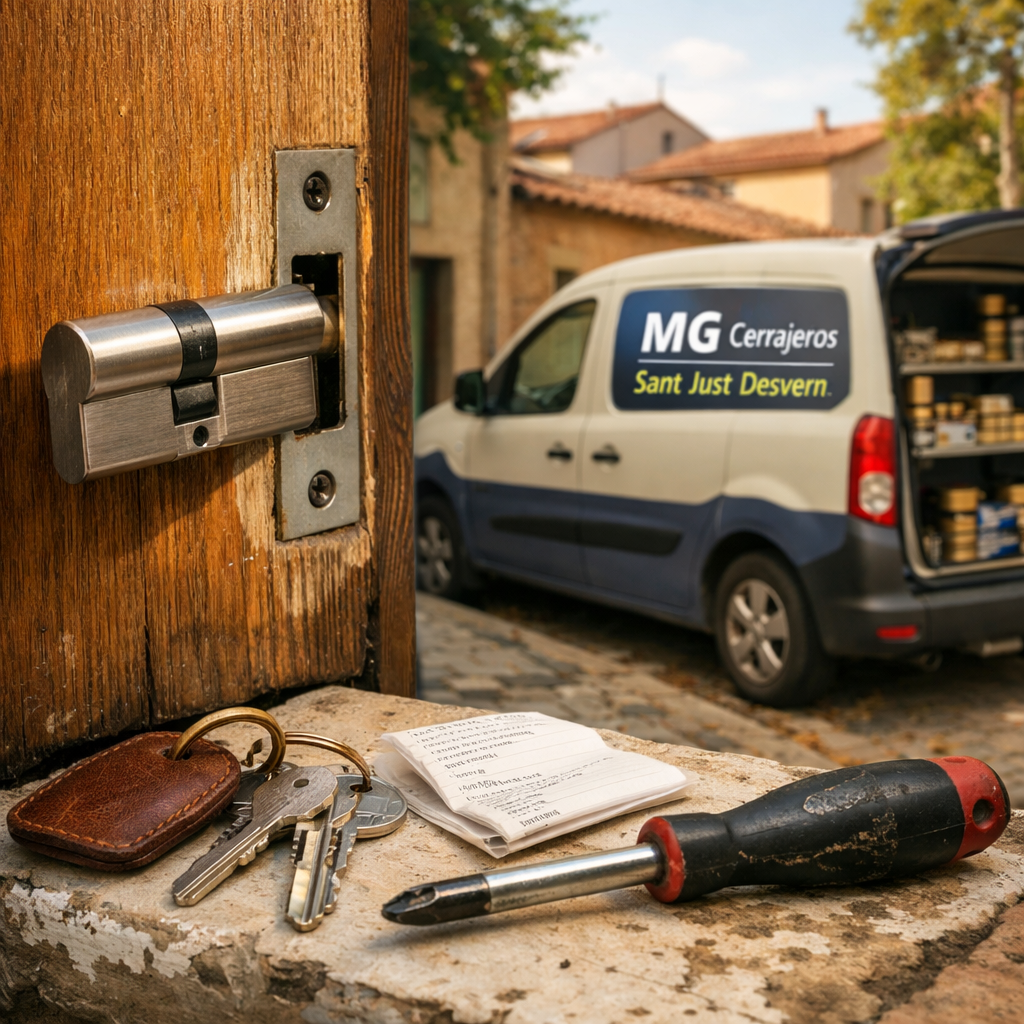 Cambio de cerradura en Sant Just Desvern: puerta de roble, herramientas y llaves sobre el umbral, luz cálida y texturas. Donde puedo encontrar servicios economicos de cambio de cerraduras en Sant Just Desvern.