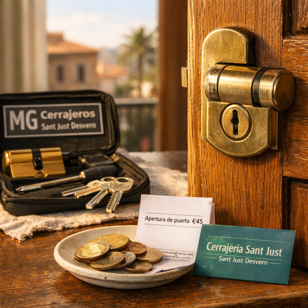 Puerta de apartamento entreabierta con cerrajería, monedas, recibo y herramientas, evocando un servicio hogareño. Que empresa de cerrajeria tiene la mejor relacion calidad precio para la apertura de puertas.