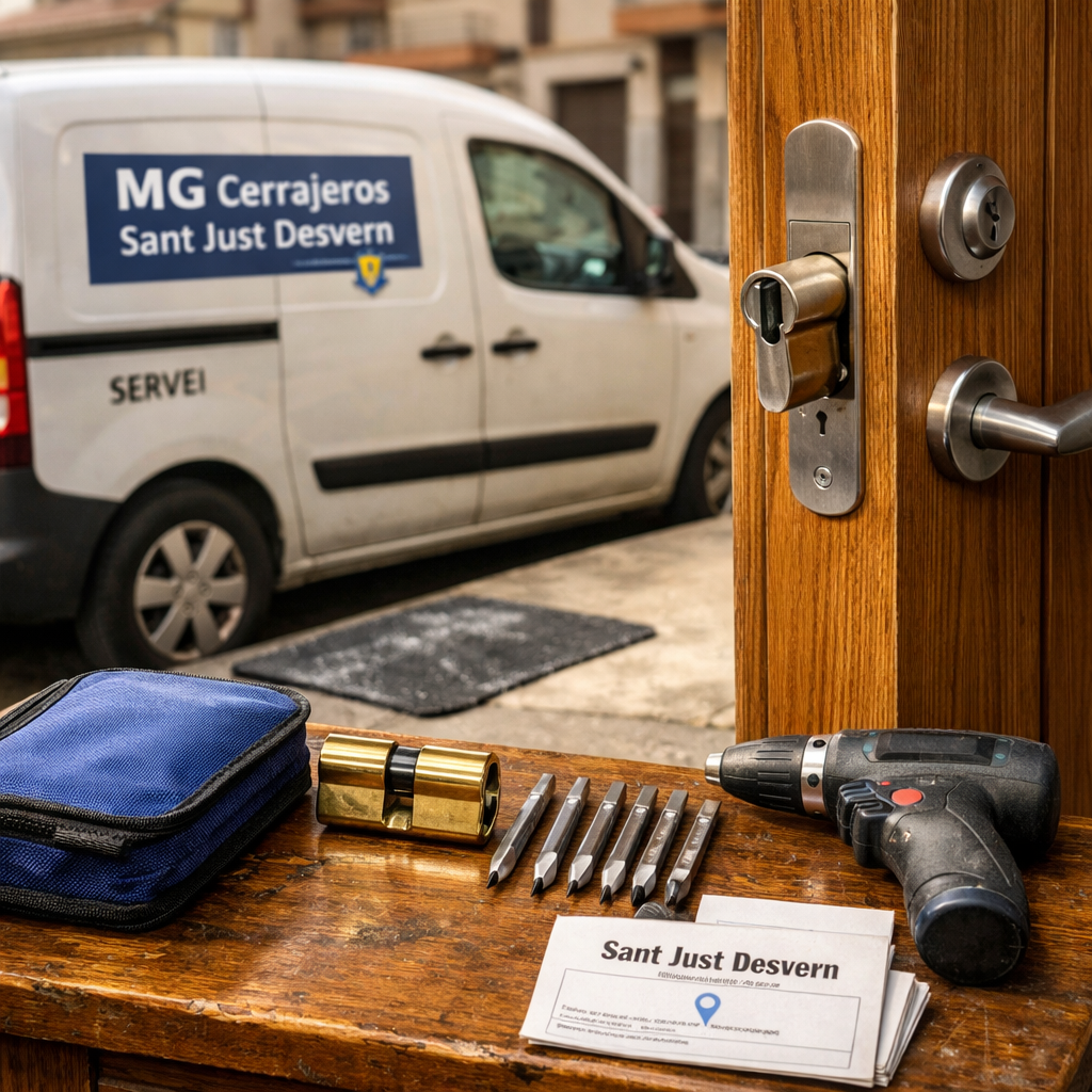 Puerta de entrada de roble medio abierta, herramientas sobre mesa, furgoneta en la calle. Cuales son los servicios mas confiables de apertura de puertas en Sant Just Desvern.