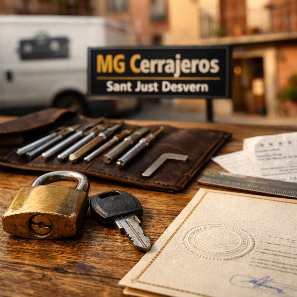 Macro de un candado y llave sobre un mostrador, con documentos y herramientas, ilustrando cómo elegir al mejor cerrajero en Sant Feliu de Llobregat.