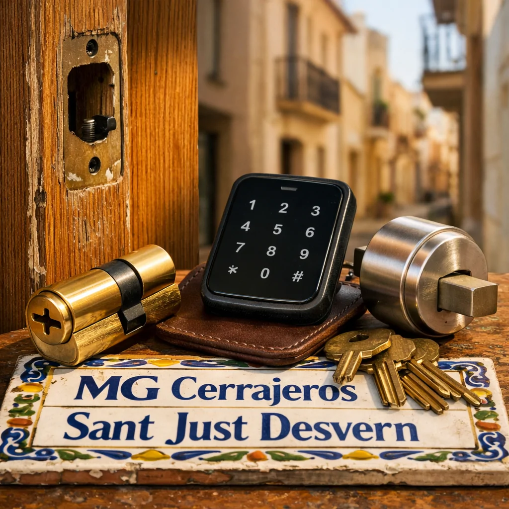 Primer plano de opciones de cerraduras en Sant Just Desvern: cilindro, cerradura inteligente y llaves sobre azulejo. Cuales son las mejores opciones para cambiar cerraduras en Sant Just Desvern.